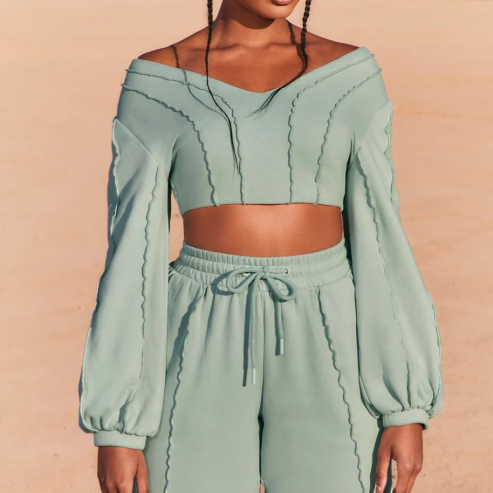 Oh polly Exposed Seam Bardot Crop Top in Blue